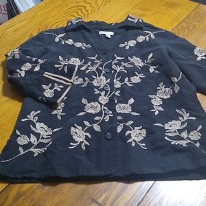 COLDWATER CREEK Jacket Womens SILK LARGE BLACK  Preowned Embroidered Floral